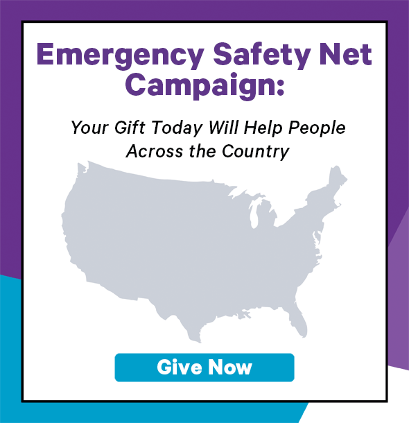Emergency Safety Net Campaign: Your Gift Today Will Help People Across the Country | Animated map gif with dots showing the locations where people have been helped by the Fund | Button: Give Now