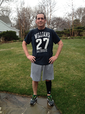 Wearing Sean's college lacrosse shirt during a marathon training run.