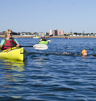 kayakers and swimmers at the Buzzards Bay Swim