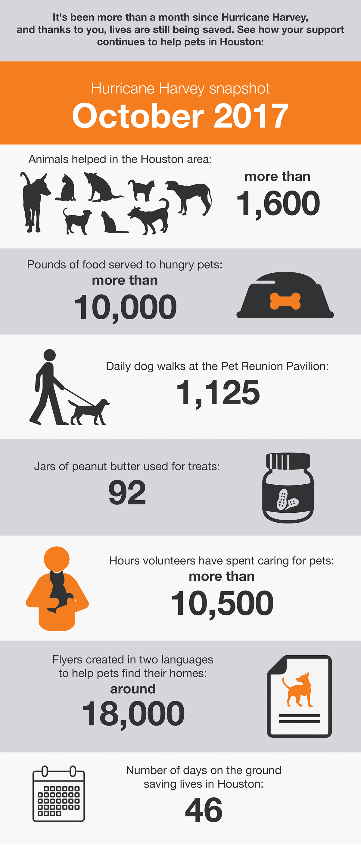 It’s been more than a month since Hurricane Harvey, and thanks to you, lives are still being saved. See how your support continues to help pets in Houston:

Hurricane Harvey snapshot  October 2017

Animals helped in the Houston area: more than 1600

Pounds of food served to hungry pets: more than 10,000

Daily dog walks at the Pet Reunion Pavilion: 1,125

Jars of peanut butter used for treats: 92

Hours volunteers have spent caring for pets: more than 10,500

Flyers created in two languages to help pets find their hoes: around 18,000

Number of days on the ground saving lives in Houston: 46
