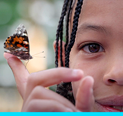 A little boy holds a butterfly, a symbol of hope for brain tumor survivors.