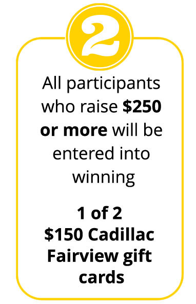 All participants who raise $250 or more will be entered into winning 1 of 2 $150 Cadillac Fairview Gift Card