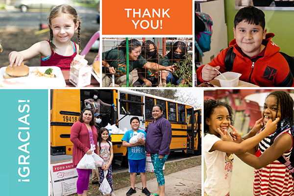 A collage of images. One image is of a girl eating a hamburger. Another is of a boy eating cereal. One image shows a family of four standing in front of a bus holding bags of food. A fourth image shows two happy girls who are smiling. Two headlines read Thank you! and Gracias!