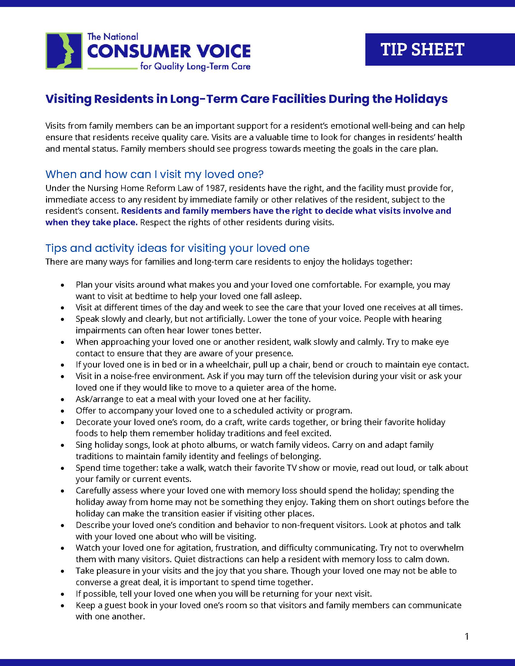 Tips for Visiting Residents Fact Sheet
