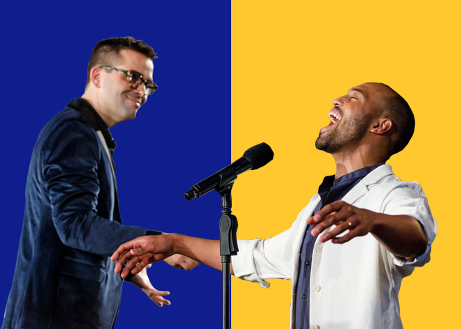 Two people, a music conductor on the left and a singer on the right. The background is blue and yellow, split down the middle.